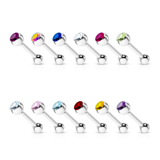 Flexi Zungenpiercing Barbell Kunststoff weiß mit farbigen Kristallen 13 Farben 
